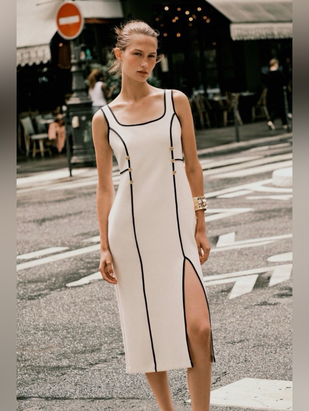 ZARA Contrast Trim Midi Dress Ecru Black NWT Size Large